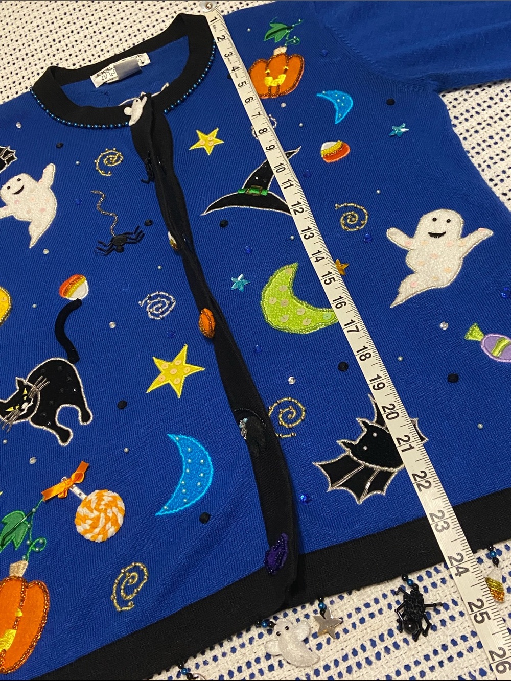 Jack B Quick Halloween Cardigan features Charms Beads patches Size Small - Picture 14 of 15